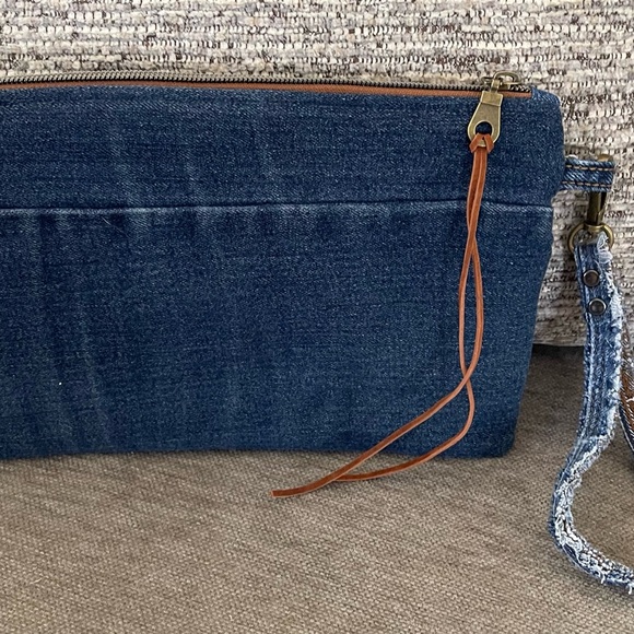 Bohemian Unique One-of-a-Kind Denim Patchwork Clutch with removable wrist handle - Picture 5 of 12